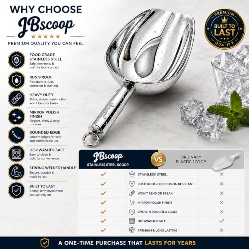 JBscoop Stainless Steel Scoop for ice, 9.6 Inch Metal Food Scoop Kitchen Bar Party Wedding Heavy Duty Dishwasher Safe - 8 Oz - size: 8 Oz