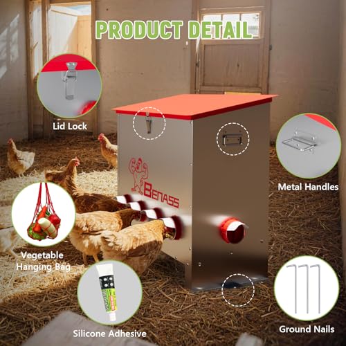 150LB Automatic Chicken Feeder, No-Waste Metal Poultry Feeder with 6 Ports, Predator-Proof Latch & Weatherproof Design, Includes Anti-Tip Ground Stakes & Vegetable Hanging Feeder - size: 150LB-6 Ports