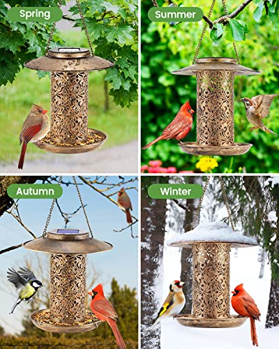 SWEETFULL Solar Bird Feeder for Outdoors Hanging, Metal Wild Bird Feeder for Cardinals Solar Garden Lantern with S Hook as Gift Ideas for Bird Lovers (2LBs Heavy Duty Weather Resistance birdfeeders) - size: 8"x8"