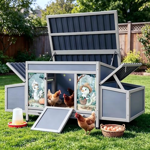 COZIWOW Chicken Coop with Nesting Boxes & Perches 59'' Large Poultry Hutch | 4 Openable Doors, Fresh Air Ventilation, Weatherproof Wooden Hen House with Pull-Out Tray, Cage for Chickens, Ducks & Rabbits