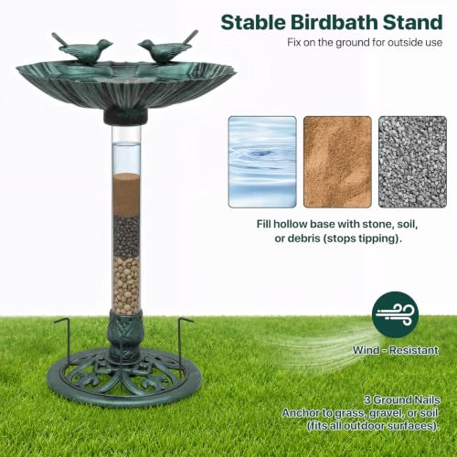 Athena Collection 31.5" Solar Powered Pedestal Bird Bath Fountain, Green | Detachable Solar Fountain Broad, 6 Spray Patterns, 5L Water Large Capacity，3 Ground Nails Included for Garden Yard Lawn - color: Green