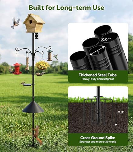 MoKo Bird Feeder Pole, 92 in Bird House Pole Squirrel Baffle 9 Prong Base | Bird Feeding Station Heavy Duty, Includes Water Bowl and Mesh Tray for Feeding, for Gardens No Bird House, Black