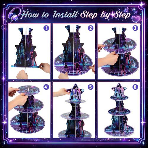 3 Tier Kpop Party Decorations Korean Pop Cupcake Stand Decoration Kpop Singer Theme Cupcake Tower Music Cake Holder Table Display for Korean Pop Singer Birthday Party Decoration Supplies - style: Kpop