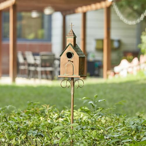 Glitzhome Bird House for Outdoors, 53.00" H Farmhouse Faux Copper Distressed Metal Bird House Church Birdhouse Decorative Garden Birdhouse with Stake