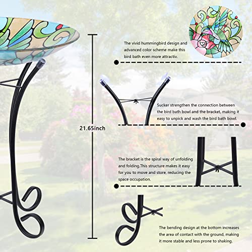 MUMTOP Glass Bird Bath Outdoor with Metal Stand, Garden Feeder, Hummingbird | Glass Large Bird Baths Bowl with Metal Stand for Outdoors, Hummingbird Patterns Bird Feeder for Outside Garden, Patio Decor