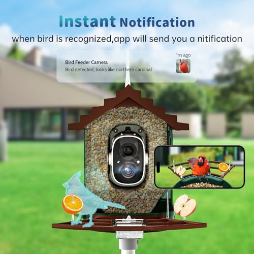 Smart Bird Feeder with Camera Solar Powered & AI Bi rd Identification, 2.4Ghz WiFi Bird feeders for Outdoors, 2K Live Video, Instant Arrival Alerts - Dark red-Green - color: Dark red-Green
