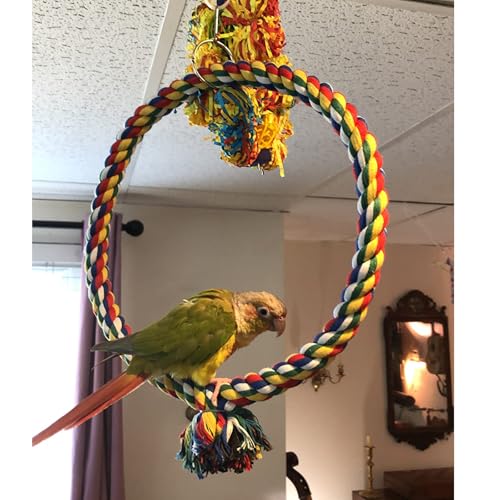 Colorful Bird Cotton Rope Swing Perch Climbing Stand Toy, Large Circle Cage Hanging Toy for Cockatiel Conure Cockatoo Parakeet Cage Hanging Decor (Small)