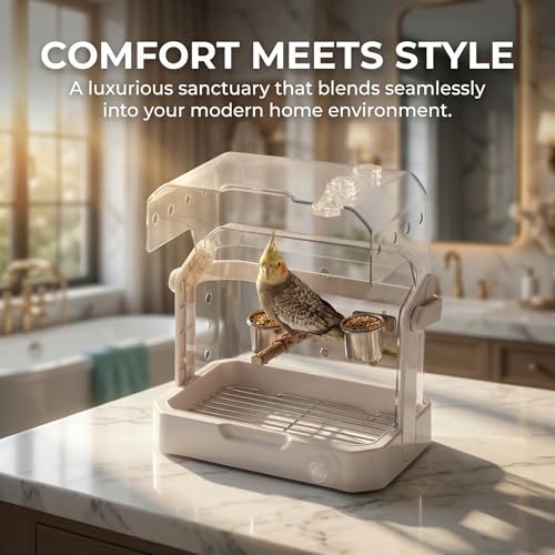 Bird Travel Cage, 10×6.7×8.3 Inches Waterproof & Sturdy Pet Carrier with Perch & Food Bowls, Portable Cage for Budgies, Cockatiels, Lovebirds & Small Birds