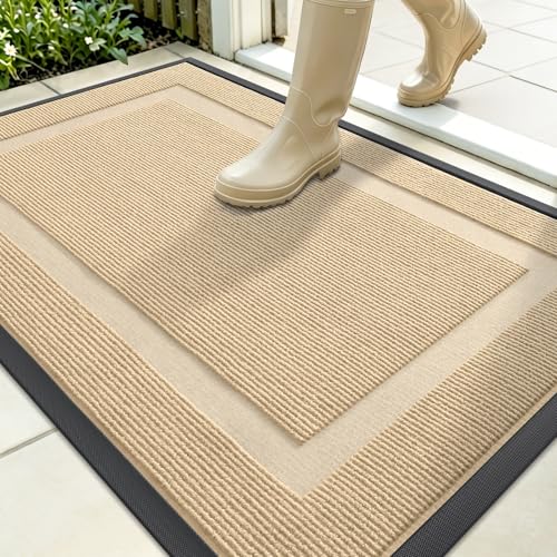 OLANLY Front Door Mat Outside 35x23, All-Season Heavy-Duty Rubber Doormat | Beige, Absorbent, Stain and Fade Resistant, Waterproof Non-Slip Backing, Low-Profile Indoor Outdoor Floor Mat for Entryway - color: Beige, size: 35" x 23"