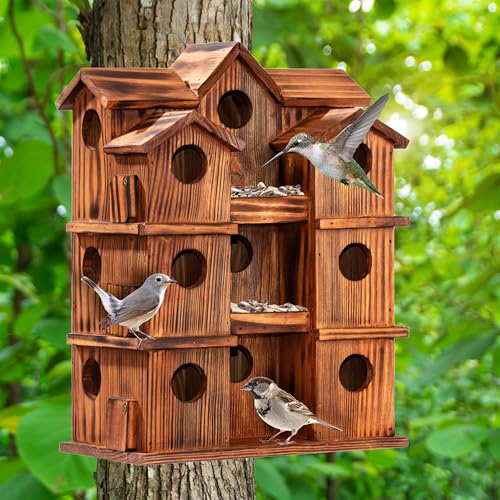 MIXUMON Wooden Bird Houses for Outside – 15 Rooms Multi-Chamber Bird House, Carbonized Pine Rustic Finish, 1.57" Entrance Holes, Individual Cleaning Doors, Decorative Outdoor Bird Nesting Box
