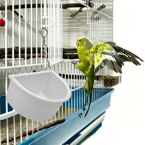 2Pcs Plastic Bird Cage Feeder Cup with Metal Hanging Hooks, Food and Water Bowl for Parakeets, Budgies, Parrots and Small Birds(White)