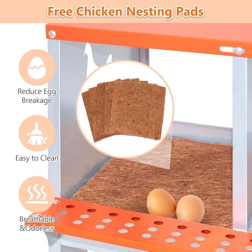 6 Bay Orange Metal Nesting Box, Wall Mount Chicken Nest for Hens & Ducks, Heavy Duty Galvanized Steel with Hen-Shaped Vents & Coconut Fiber Pad, Easy Assembly (Orange/Silver) - size: 31.8” L x 17” W x 25” H