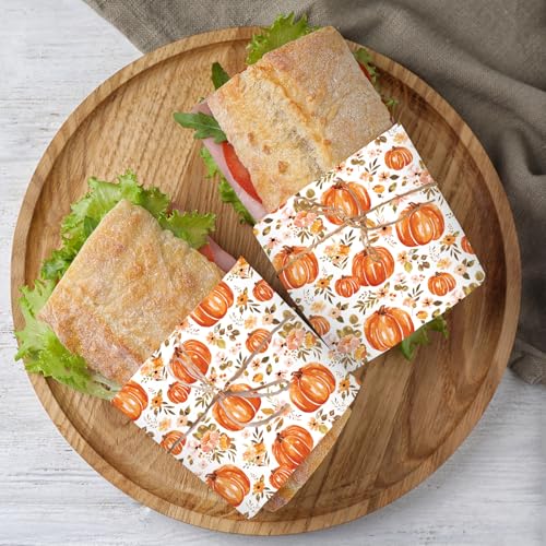JarThenaAMCS 150 Pcs Fall Floral Pumpkin Wax Paper Orange Sandwich Wrap Paper Tissue Waterproof Oil-Proof Picnic Liners for Autumn Thanksgiving Party Kitchen Supplies, 9.8 x 8.3 In - color: Fall Pumpkin