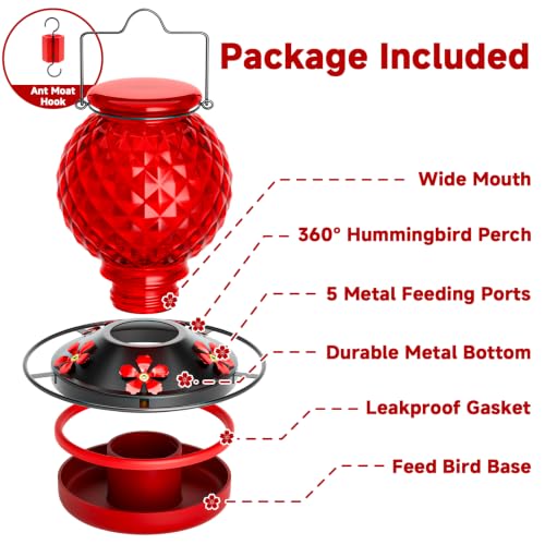 Glass Hummingbird Feeder for Outdoors, 20 Oz Bird Nectar Feeder with Ant Moat, Hummingbirds Feeders for 4 Feeding Ports, Hanging for Garden Backyard Decor (Red)