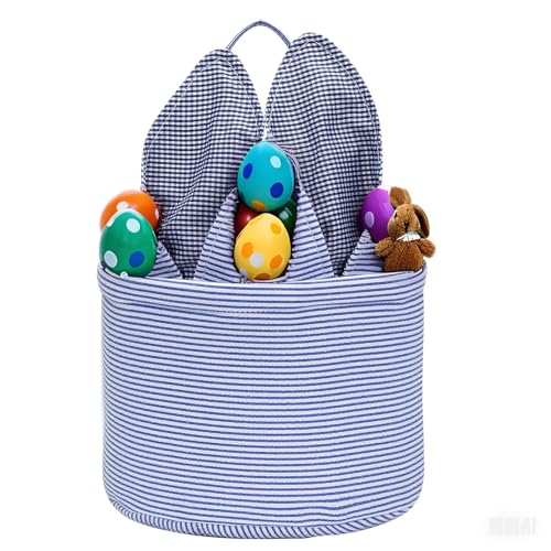 Easter Basket Seersucker Egg Hunt Bunny Baskets for Kids with Cute Rabbit Ears Stripe Storage Gifts Candies Personalized Easter Party Gifts… - color: Seersuck blue