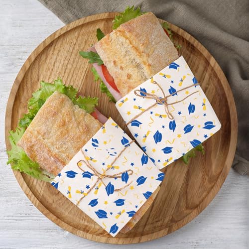 JarThenaAMCS 150 Pcs Graduation Wax Paper 2026 Grad Cap Blue Gold Deli Wrap Waterproof Oil-Proof Basket Liner for Food Sandwich Picnic Party Kitchen Supplies - color: Graduation