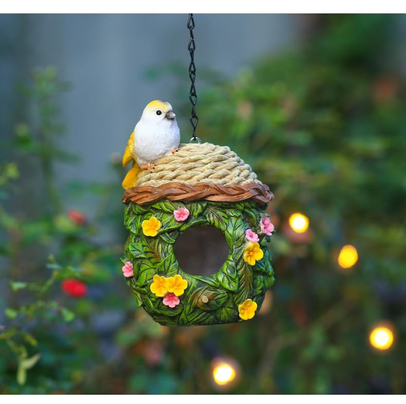 Bird Houses for Outside, with Hanging Chain, Nest-Shaped Resin Waterproof | Practical Birdhouses for Outdoors, Decorative Bird Cage, Garden Decor for Hummingbird, Bluebird, Cardinal and Other Bird - style: Nest