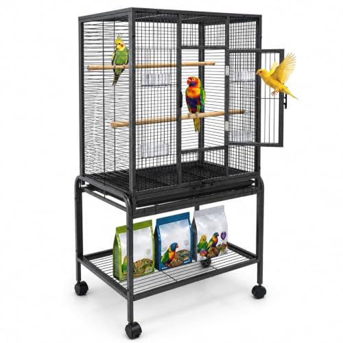 54-Inch Bird Cage with Horizontal Wire Design, Wrought Iron Bird Flight Cage with Rolling Stand, and Slide-Out Tray Suitable for Parrot, Cockatiel, Lovebird, Finch, Pigeon.
