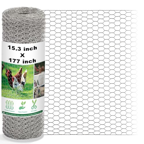 Fabulas Chicken Wire Fencing Mesh, 15.3 x 177 Inches Metal Floral Wire Fence for Crafts Poultry Garden, Hexagonal Galvanized Hardware Cloth Netting for Chicken Coop Barrier Rabbit Cage - size: 15.3in x 177in