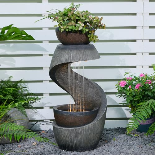 Outdoor Water Fountain with LED Lights, 31.9" Modern Resin Waterfall Fountain Outdoor, S-Shaped Garden Water Feature for Yard, Balcony, Home Decor, Patio Fountian and Waterfalls, Grey - color: Grey-2.66ft