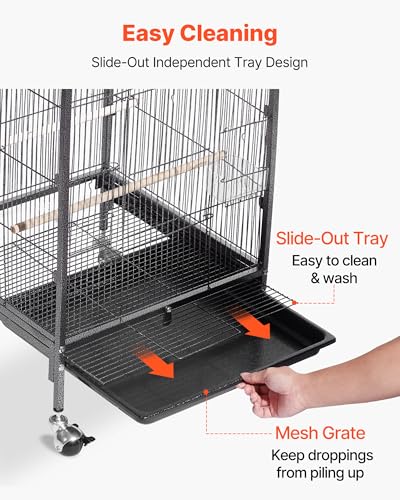 VEVOR Bird Cage, 18 x 18 x 30 inch, Open Flat Top, Wrought Iron Bird Flight Cage with Perches, Slide-Out Tray and Plastic Feeders, Casters, for Parrot, Blue Tit, Cockatiel, Canary, Budgerigar, Conure - size: 18.0"L x 18.0"W x 30.0"H
