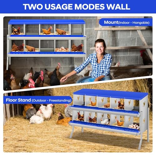 Garvee Chicken Nesting Box, 10 Compartments Nesting Box for Chickens, Galvanized Steel Chicken Laying Box for Easy Egg Collection, Wall Mounting - color: Blue | 10 Compartment+legs