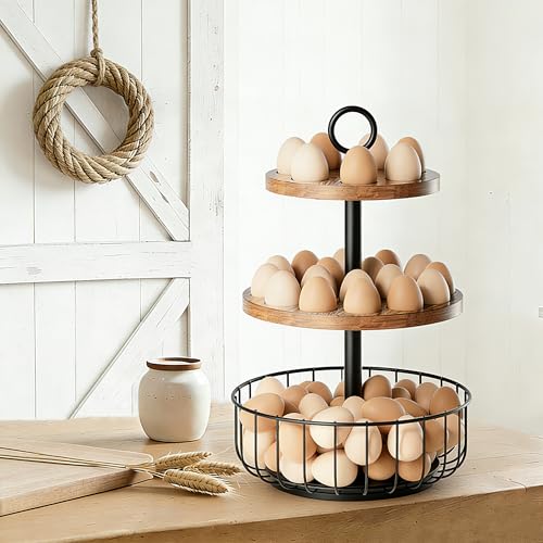3-Tier 360° Rotating Egg Holder with Basket, Holds 64+ Eggs | Rustic farmhouse egg rack, 3-tier 360° rotating; ventilated wooden trays, metal basket. Holds 24+40 eggs. - size: 360° Rotating