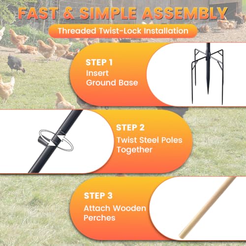 Chicken Perch Stand for Coop, 55 in Heavy Duty Poultry Roosting Stand with 5-Leg Ground Stake Base, 4 Wooden Perches, Outdoor Chicken Roost Stand for Hens & Chicks