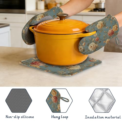 Oven Mitts and Pot Holders Sets,Vintage Rose Flowers Thick Cotton Kitchen Oven Mitt Set,Rustic Floral Waterproof Anti-Slip Silicone Mittens for Baking,Cute Cooking Utensils Set for Bakeries Barbecues - color: Vintage Rose Flowers