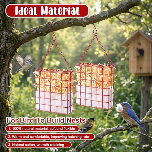 2 Set Hummingbird Nesting Material Hanging Cage Holder with Natural Cotton Raffia Gift for Bird Lover Hummingbird House Material for Wild Bird Outdoor Garden Home Resting Place (Red) - color: Red