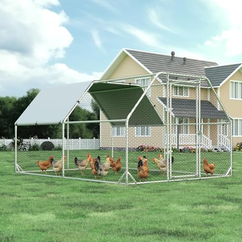 4ever2buy Metal Chicken Coop, 9.2x12.5 FT Walk-in Chicken Run Pen Poultry Cage, Water-Resistant & Anti-UV Cover, Large Chicken Coop for 12-15 Chickens - size: 149.5"L x 110.3"W x 76.8"H