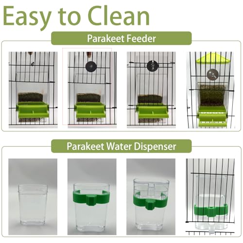 Automatic No Mess Bird Feeder Water Dispenser Set | Acrylic Transparent Parakeet Cage Accessories Bird Feeder and Waterer in Cage for Small and Medium Cockatiel Finche - color: Green + Green