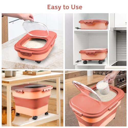 Rice Storage Containers, Collapsible 20 to 30Lbs Food Storage Bin Dispenser with Rolling Wheel and Clear Airtight Lid, BPA Free Flour, Sugar, Cereal and Dog Cat Pet food Containers - color: Pink
