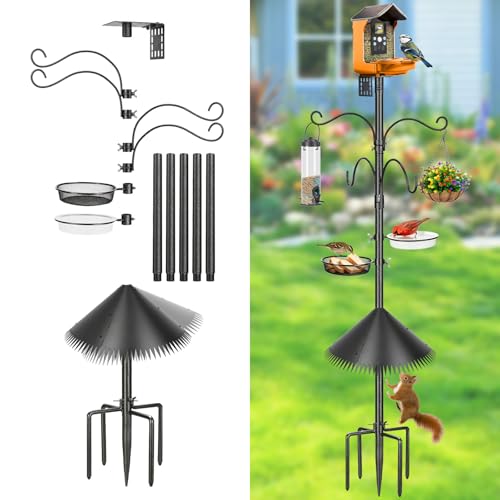 Bird Feeder Pole, 92 Inch Squirrel-Proof Bird Feeder Stand with 4 Shepherd Hooks, Water Bowl and Mesh Tray, Adjustable Birdhouse Pole, Perfect for Outdoor Garden & Yard - color: Hook-style