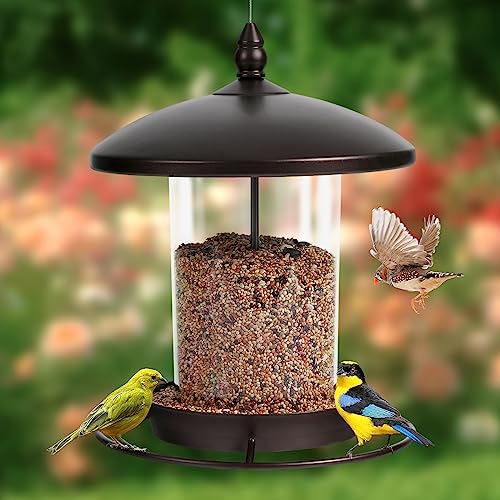 Metal Bird Feeder for Outdoors Hanging,3.0LB Seed Feeder,Easy to Fill & Clean,360° Feeding,Weatherproof Roof for Gardens and Wild Birds,Brown - color: Brown