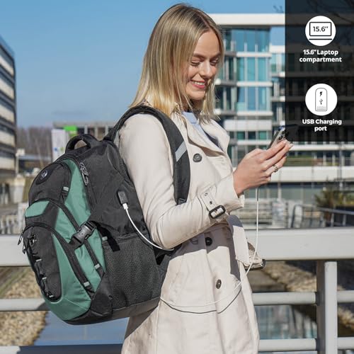 Swissdigital Design Laptop Backpack with USB Charging Port, Travel Backpack Fits 15.6 inches Computer, 31L College School Backpack for Men, Lake Green/Black | SD803-27 - color: Lake Green/Black