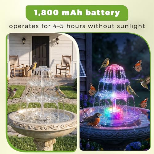 AISITIN 6.5W Solar Bird Bath Fountains with Lights, 3 Tiered Bird Bath | Solar Water Pump Upgraded Detachable DIY Solar Powered Fountain for Garden, Patio, Yard and Pond - color: White