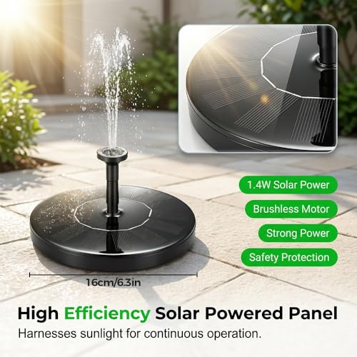 Solar Bird Bath Fountains, 2026 Upgrade 1.4W Solar Fountain Pump with 6 Nozzles, Free Standing Floating Solar Powered Water Fountain Pump for Bird Bath, Garden, Pond, Water Feature Outdoor (1, 6.3in) - size: 6.3in