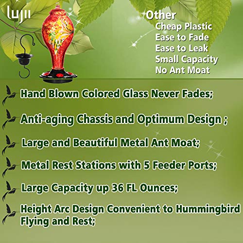 LUJII Hummingbird Feeders for Outdoors, Hand Blown Glass, Never Fade, 36 Fluid Ounces, 5 Feeding Stations, Much Bigger, Garden Backyard Decorative, Containing Ant Moat (Red) - color: Red, size: Large