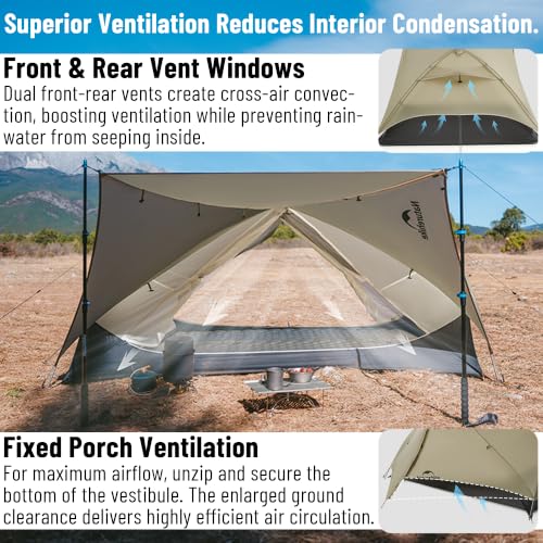 Naturehike Mongar 2 Person UL Camping Tent | PU2000mm+ Waterproof 1-2 Person Backpacking Tent, Ventilation System, Multi-Mode Double-Layer Freestanding for Hiking Travel - color: Khaki, size: 2 person
