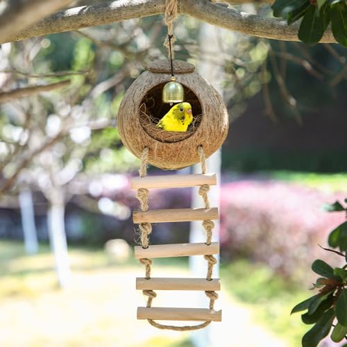 Briwooody Coconut Shell Bird Nest House Breeding Bed Nestingand Anti-Pecking Bite with Natural Coir Fiber Bird Nest Toy Bell for Parrot Budgie Parakeet Cockatiel Conure Lovebird Canary Finch(Classic) - style: Classic