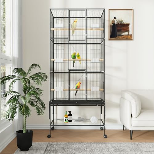 69" H Large Bird Cage, Bird Cage with 3-Tier Platforms, Ladders, Perches, Feeder, Wide Birdcage for Parakeets, Conures, Lovebirds, Quaker, Cockatiels, Budgie, Black - size: 31.5"L x 23.6"W x 65.8"H
