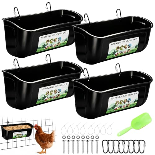 Chicken Feeder Waterer, 4 Pack Hanging Fence Trough, 5 Quart Total Capacity Plastic Feeder with Clips & Screws for Chicken, Duck, Goat, Sheep, Piglet, Dog and Poultry Livestock (Black 4pcs) - color: Black 4pcs