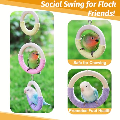 3-Ring Bird Wooden Swing Climbing Toy Chewable Cotton Rope Perch for Cage | Cockatiels Budgies Parakeets Lovebirds, Easy to Install & Clean, Multi-Play