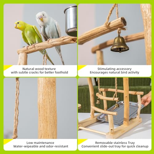 Natural Solid Wood Parrot Perch with Tray, Budgerigar Stand for Play, Rough Texture Bird Playground, High Hardness Nature Perch
