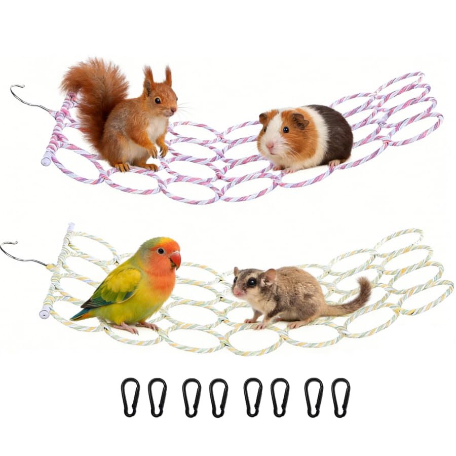 2 Pack Small Pet Rope Toys,Bird Rope Perch Climbing Net Ladder Hanging Hammock for Parrot (Parakeet/Cockatiel/Cockatoo/Macaw/Conure), Rat, Hamster, Mouse, Ferret (2Pcs) - size: 2Pcs
