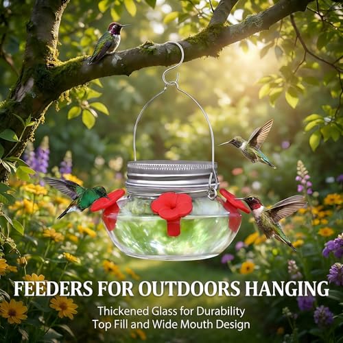 Hummingbird Feeders for Outdoors Hanging, Mason Jar Humming Bird Feeder | Glass Hummingbird Feeder for Outside with 4 Silicone Flower Feeding Ports, Top Fill Leak Proof Easy to Clean and Refill