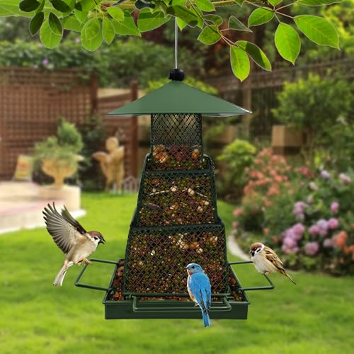Metal Hanging Bird Feeder with 360° Mesh and 4 Perches | 4lb Seed Capacity, Easy Refill Roof, Weather Resistant, Small Bird Friendly, Ventilated Design, Durable Metal Build - color: Green