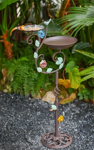 Metal Bird Bath and Feeder for Outdoors 39.4" H 2-in-1 Combo | Freestanding Birdbaths with Cast Iron Pedestal, Retro Vine Shaped Standing Combo for Outside Garden Patio Porch