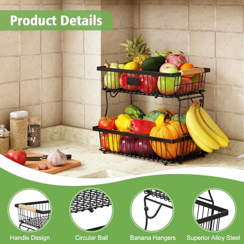 2 Tier Fruit Basket for Kitchen Counter with 2 Banana Hangers, Countertop Metal Bread Basket with Wooden Handle, Large Storage Stand for Vegetables, Snacks, Eggs, Produce Storage – Black - color: Black, size: 2 Tier